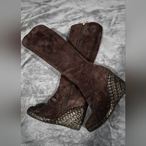 Bruno Magli Dark Brown Wedge Heeled Narrow Calf Knee High Boots - Size 35 (5M)